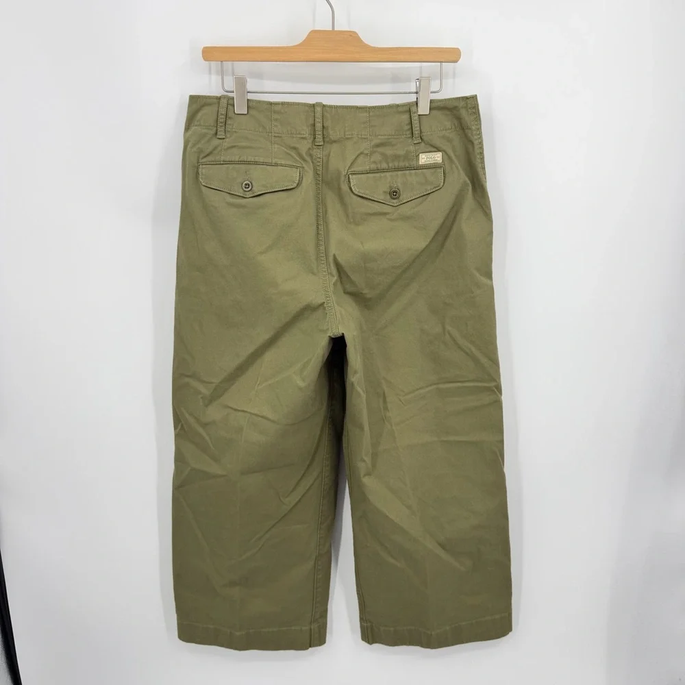 Polo Ralph Lauren zip-fly‎ cropped cotton wide-leg chino olive green sz 10